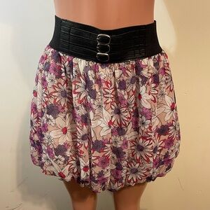 rue21 mini Skirt Women XL adjustable‎ belt waistband puffy mini floral cream